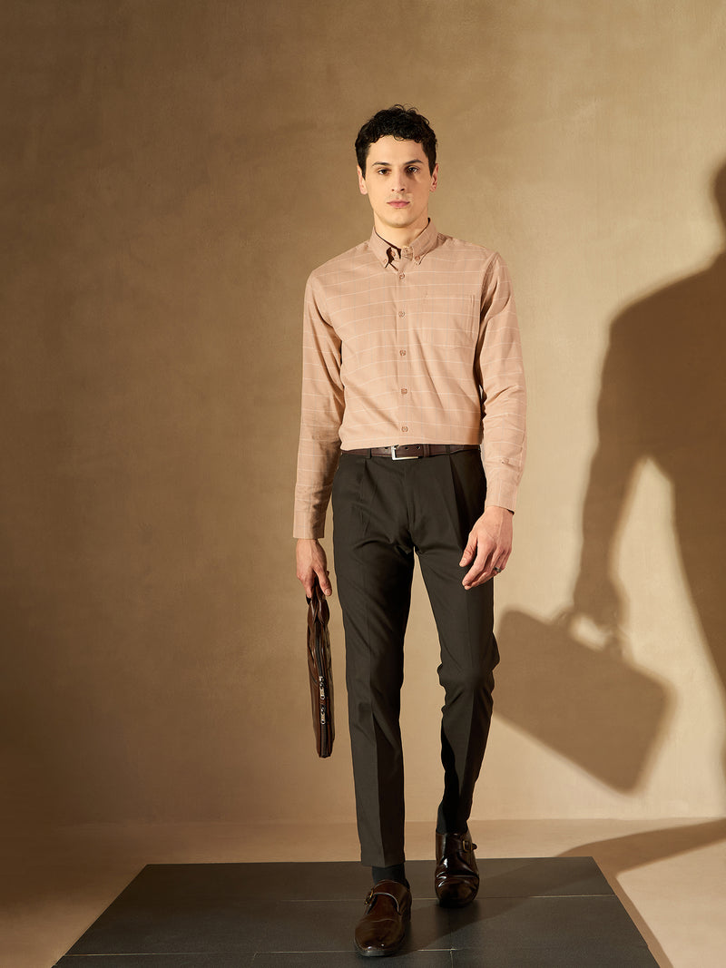 Brown: Full Sleeves Checked Formal Shirt