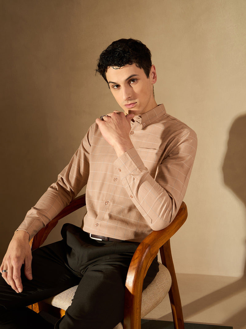 Brown: Full Sleeves Checked Formal Shirt
