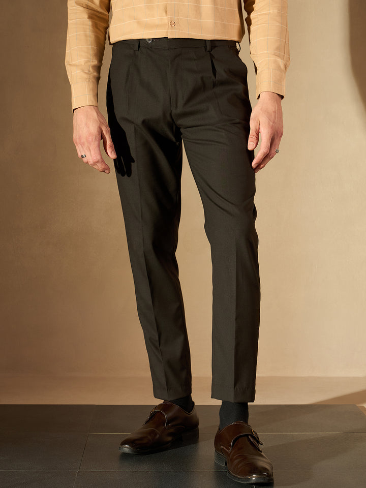 Brown Tapered Fit Pleated Trousers