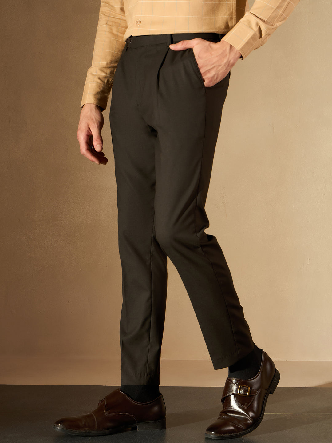 Brown Tapered Fit Pleated Trousers