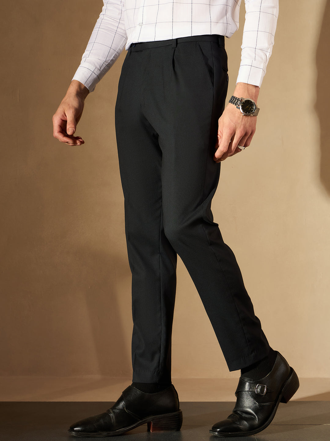 Navy Blue Tapered Fit Pleated Trousers