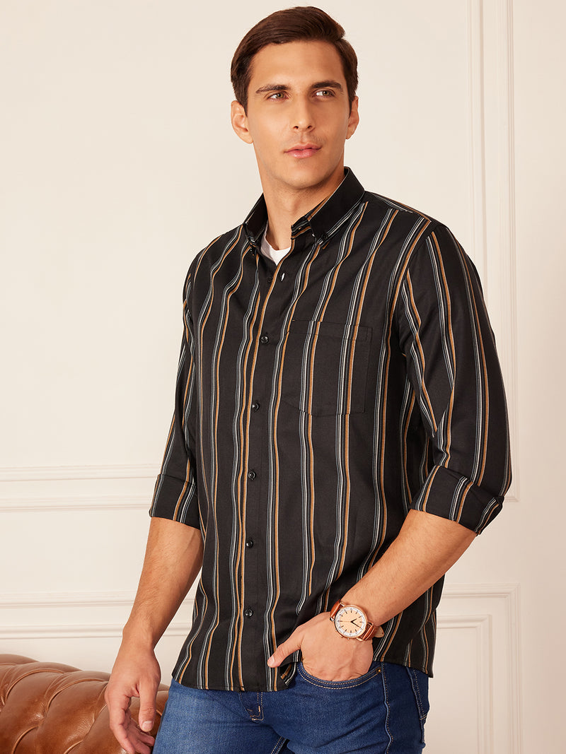 Black: Full Sleeve Button-Down Collar Striped Shirt