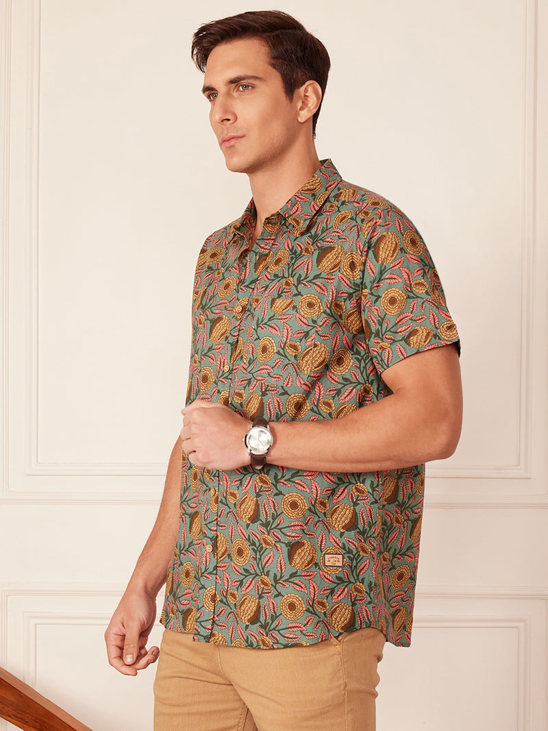 Steel Blue: Half SleevesBlock Printed Shirt