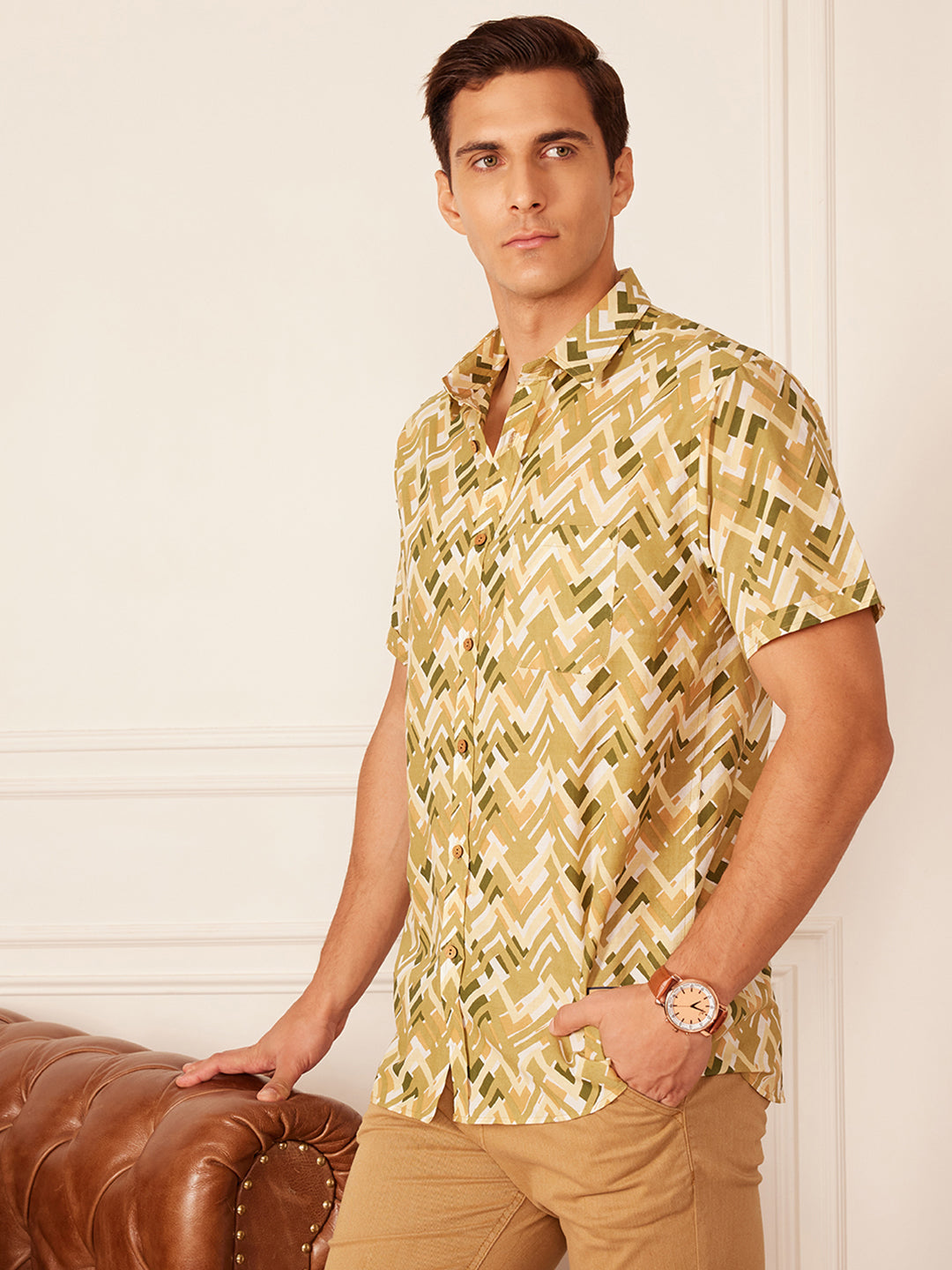 Men's Beige Abstract Printed Cotton Casual Shirt