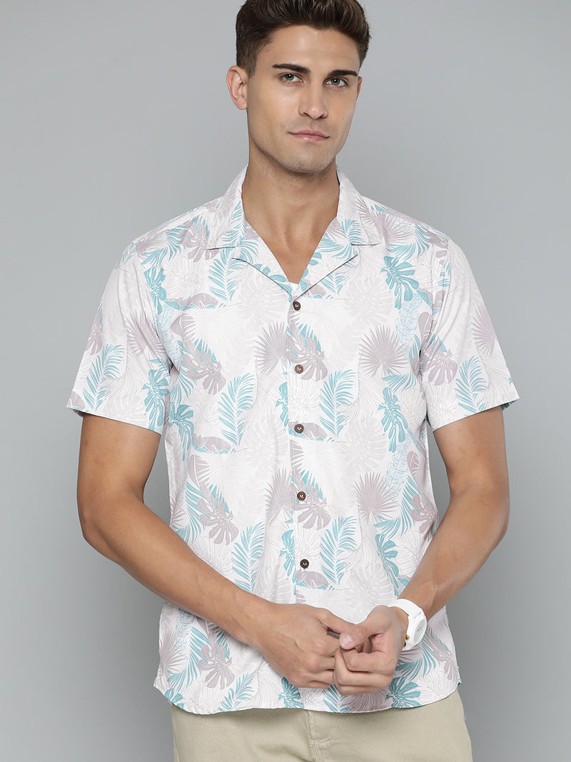 DENNISON Men White Smart Slim Fit Floral Printed Casual Shirt