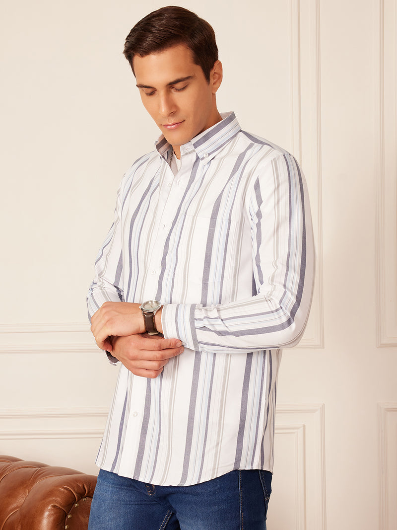 White & Blue: Full Sleeve Button-Down Collar Striped Shirt