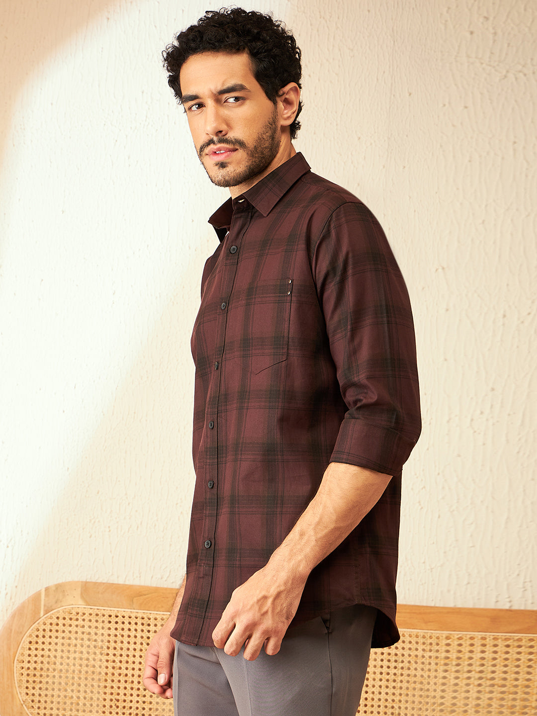 DENNISON Maroon Smart Checked Casual Shirt