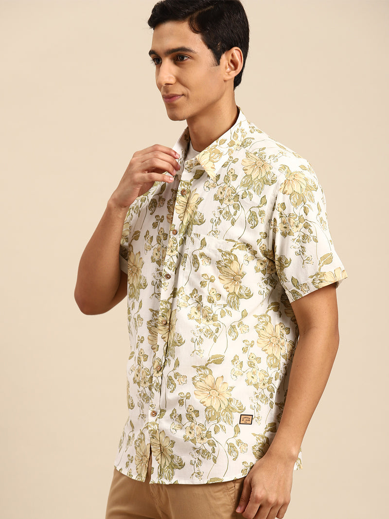 White: Half Sleeves Block Printed Shirt