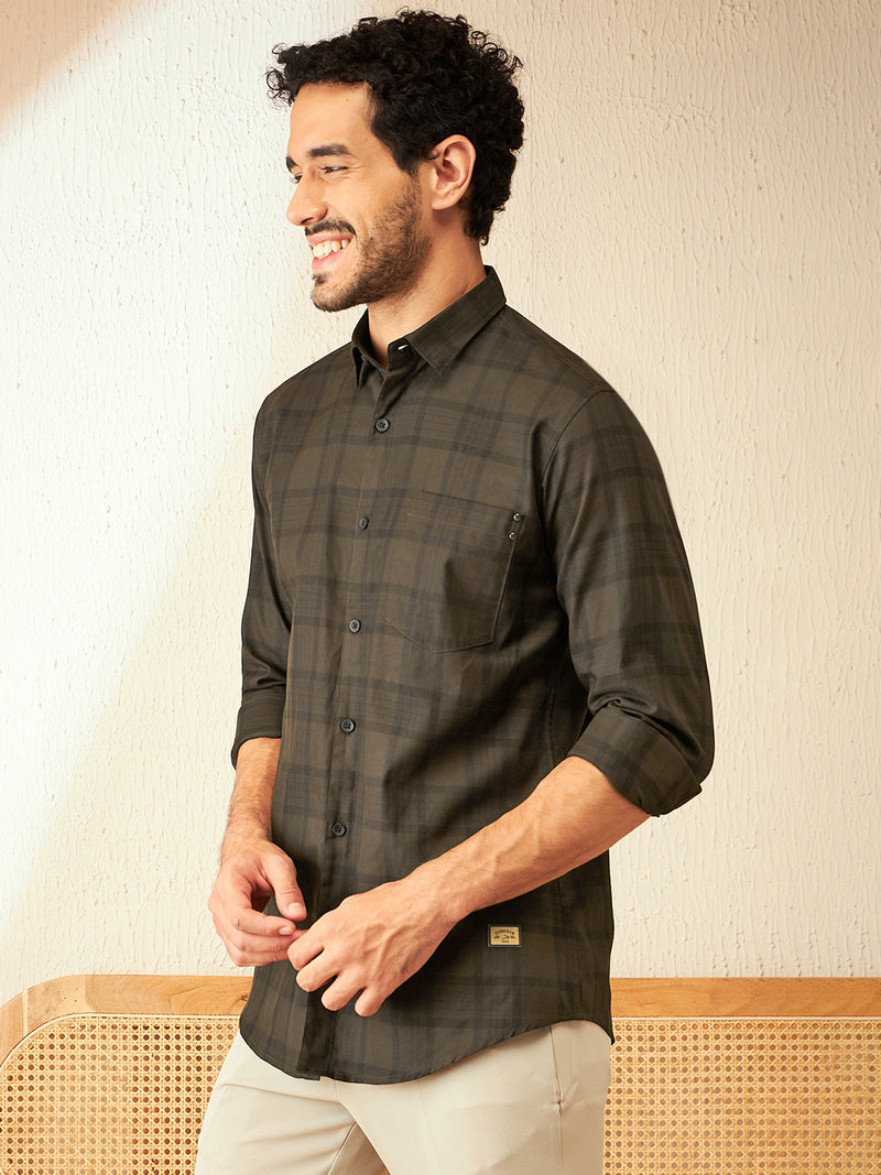 Brown: Full Sleeves Spread Collar Checked Shirt