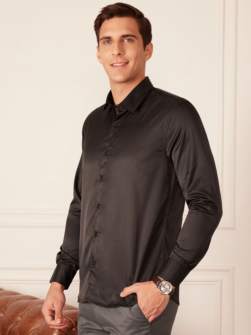 Black: Full Sleeves Satin Party Shirt