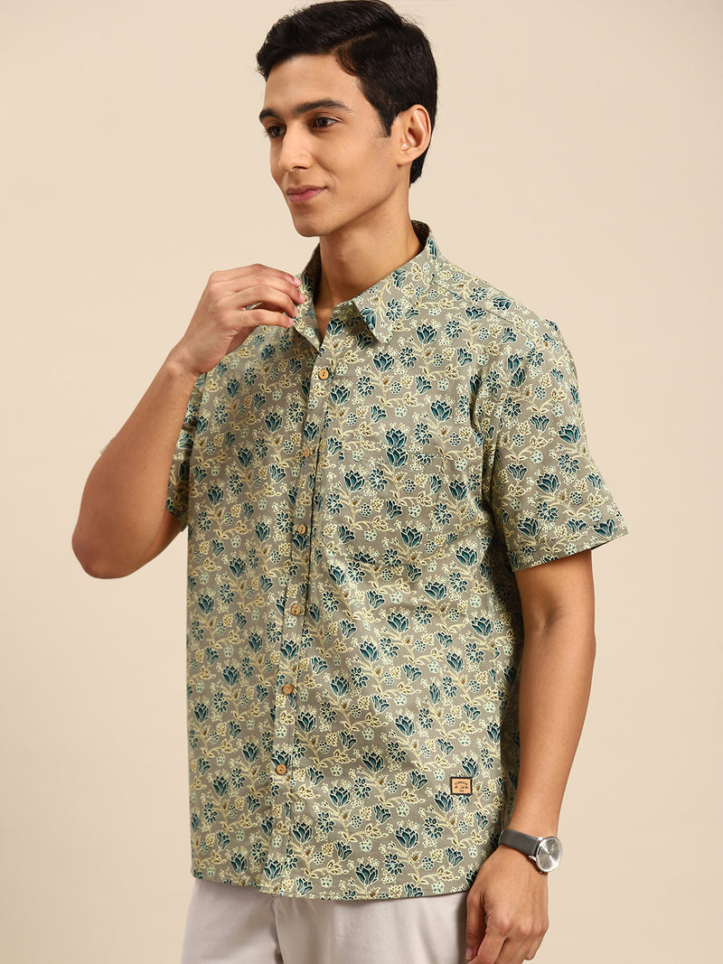 DENNISON Men Olive Green Block Printed Shirt