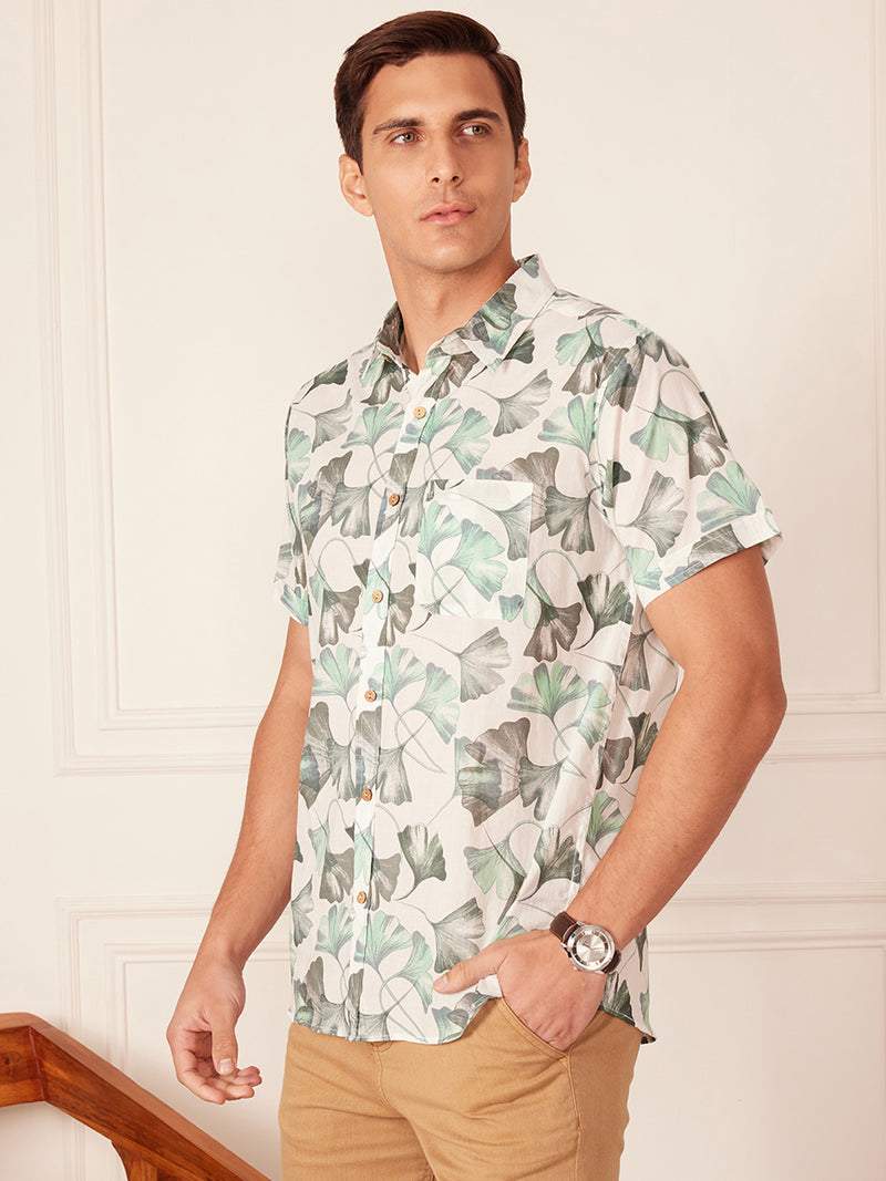 White & Green: Half Sleeves Block Printed Shirt