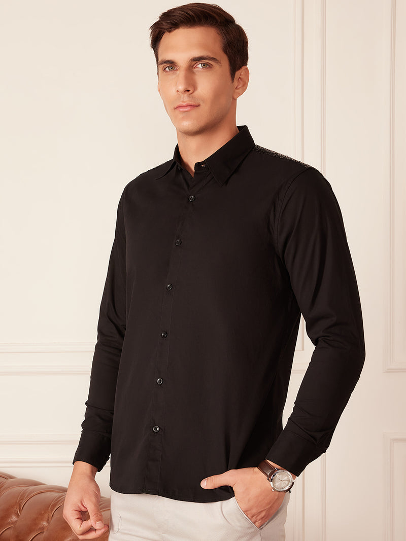 Black: Full Sleeves Seqinned Shoulder Party Shirt