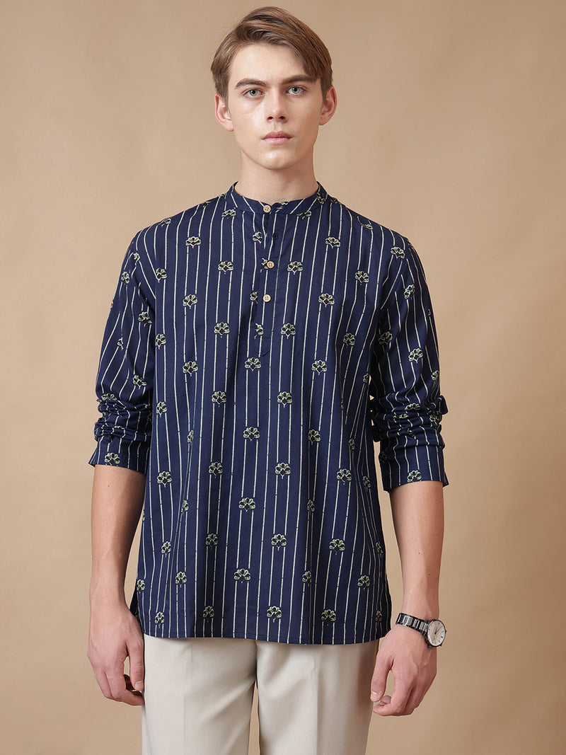 Mandarin Flower Striped Short Kurta