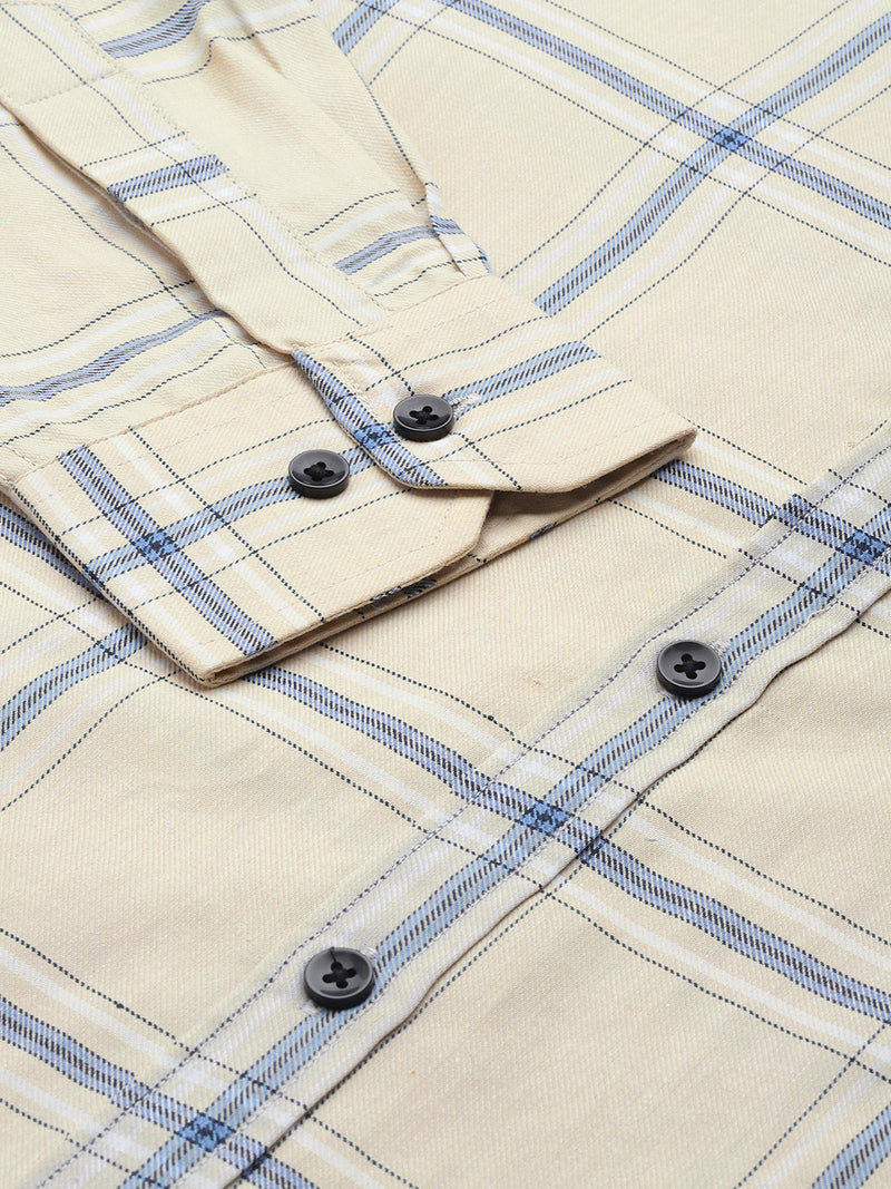 DENNISON Men Cream-Coloured Cotton Smart Slim Fit Checked Formal Shirt