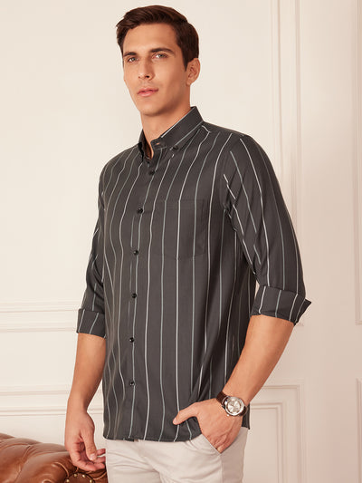 Dark Green & off white: Full Sleeve Button-Down Collar Striped Shirt