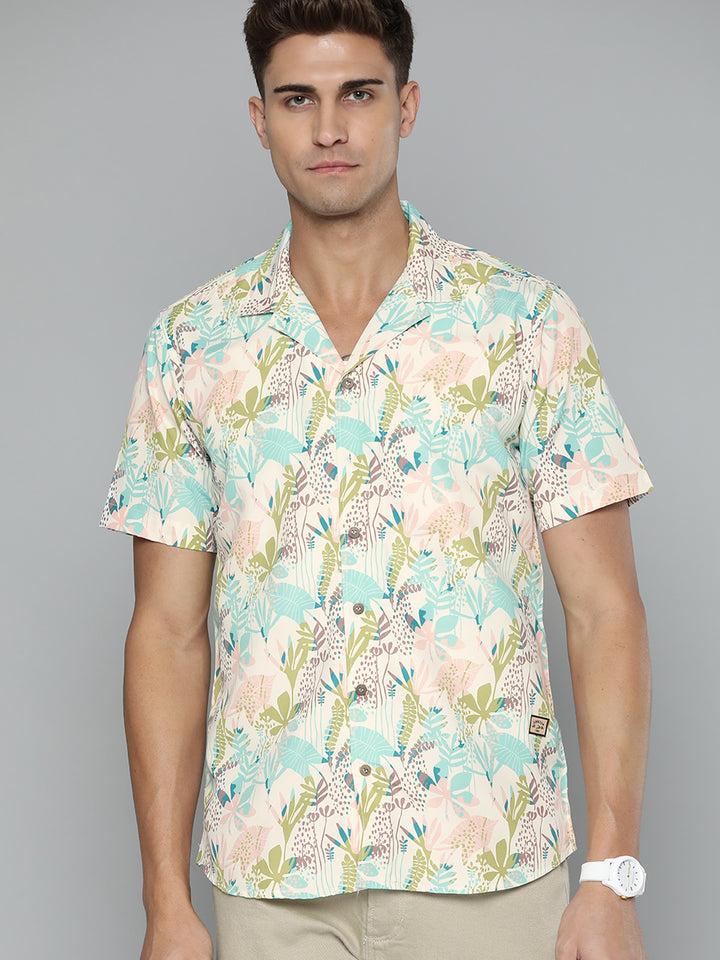 DENNISON Men Cream-Coloured Smart Slim Fit Floral Printed Casual Shirt