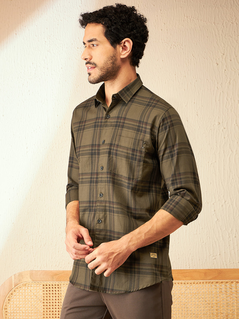 DENNISON Olive Smart Tartan Checks Checked Casual Shirt