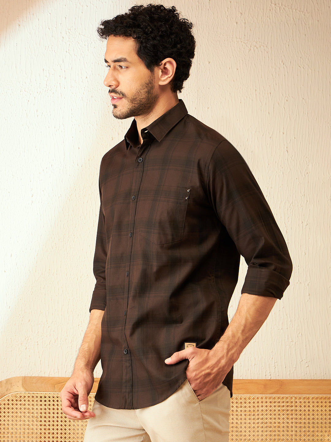 DENNISON Brown Smart Checked Casual Shirt