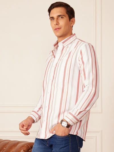 White: Full Sleeve Button-Down Collar Striped Shirt