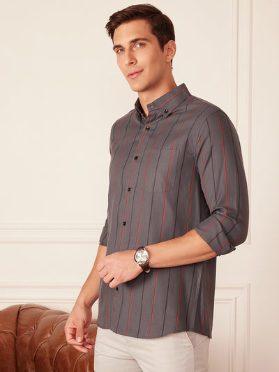 Grey: Full Sleeve Button-Down Collar Striped Shirt
