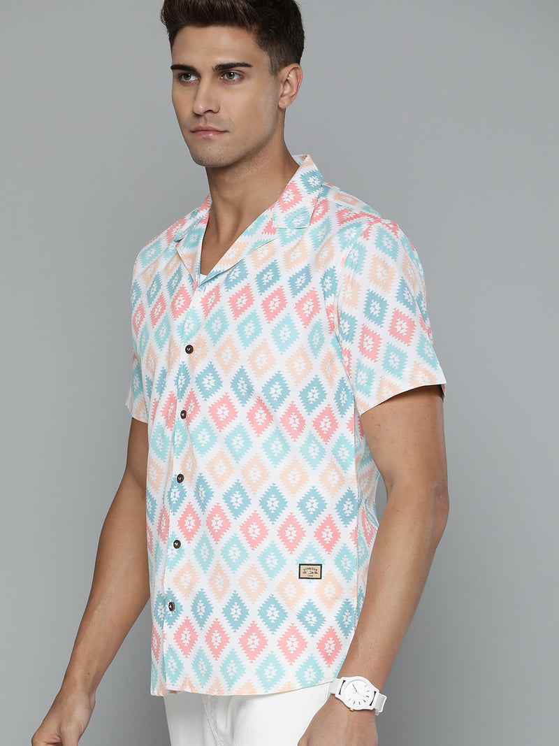 DENNISON Men White Block Printed Shirt
