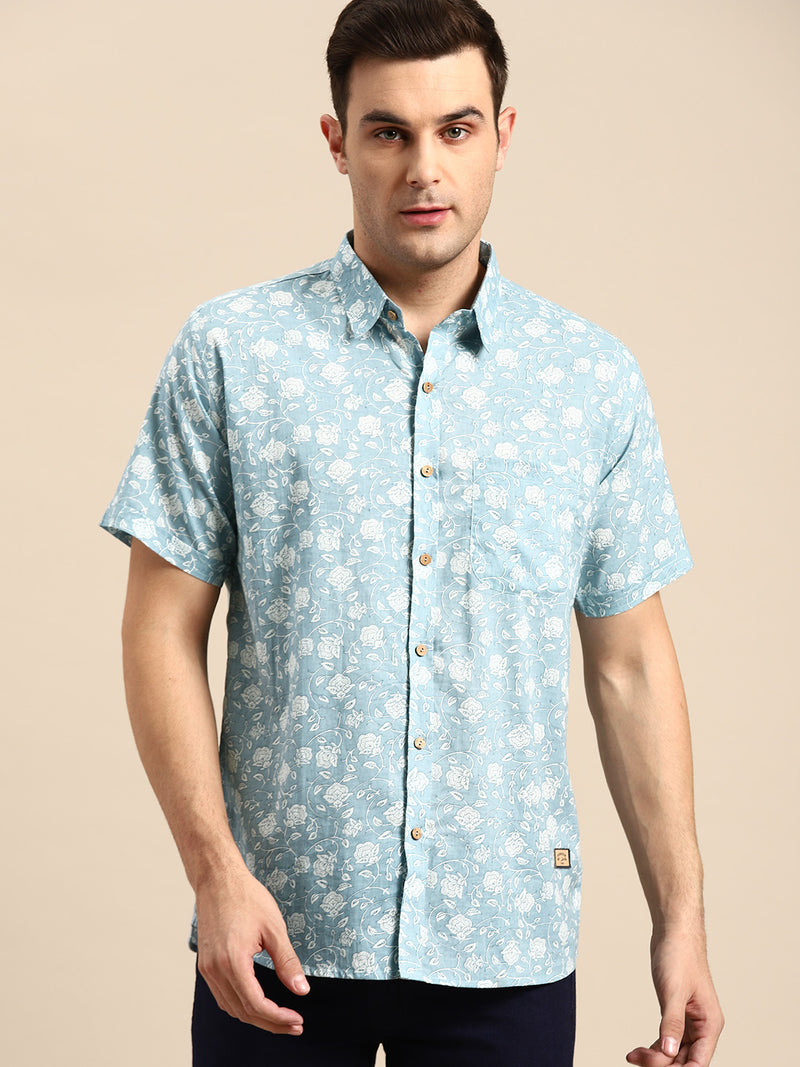 Turquoise Blue: Half Sleeves Block Printed Shirt