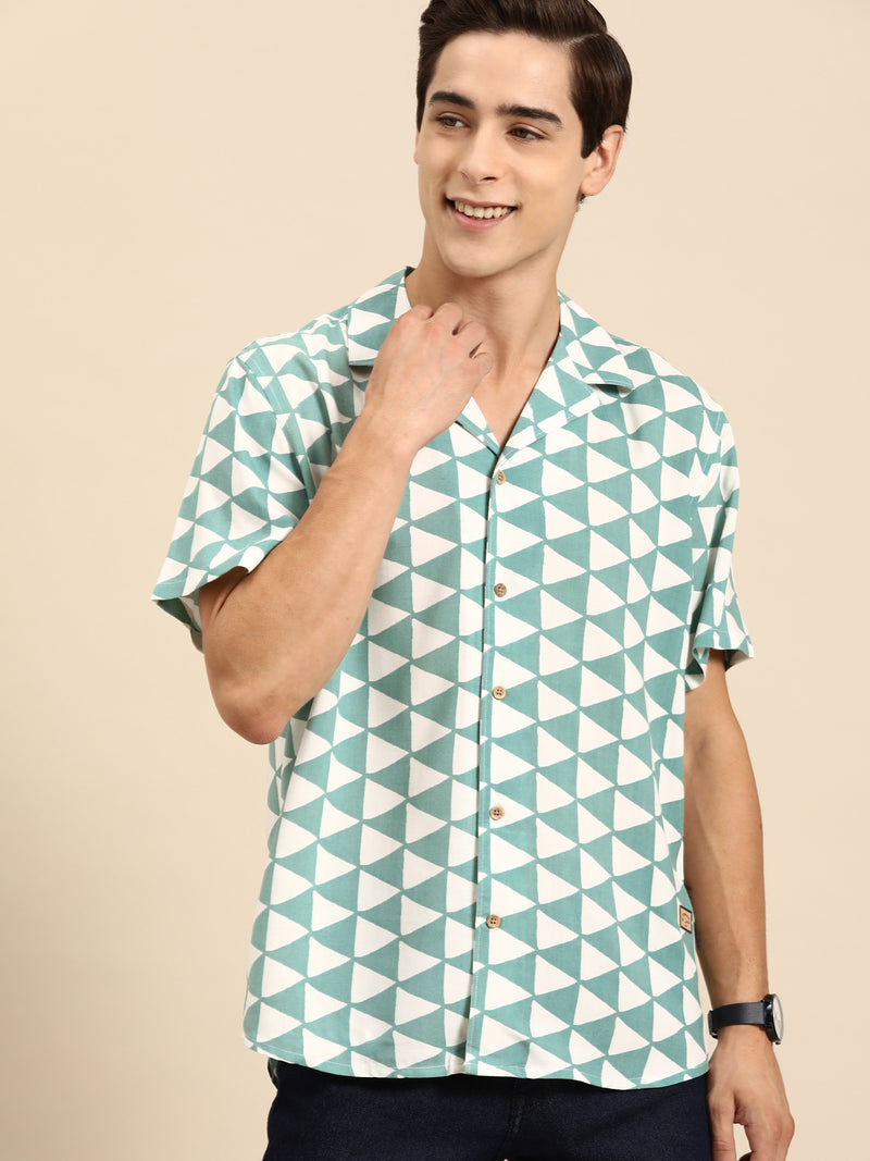 White & Green: Half Sleevew Block Printed Shirt