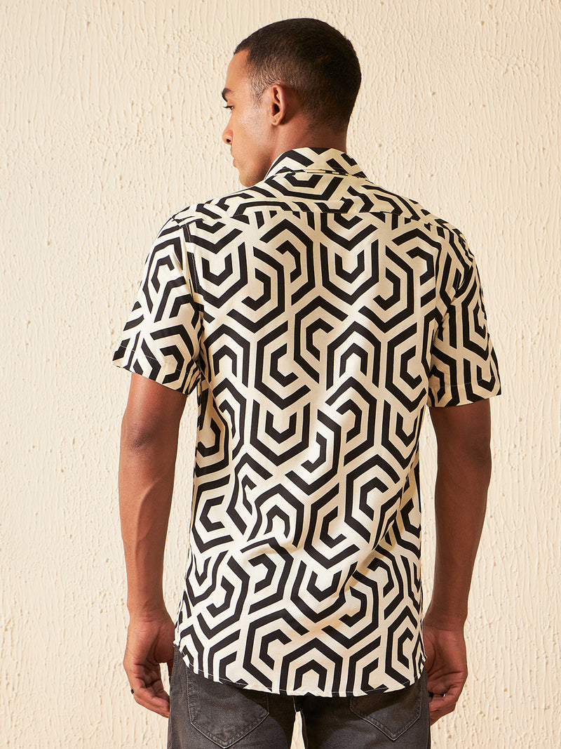 DENNISON Men Cream-coloured Block Printed Shirt