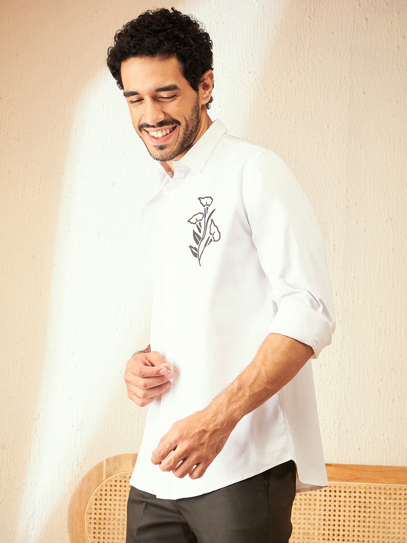 White: Full Sleeves Floral Printed Casual Shirt