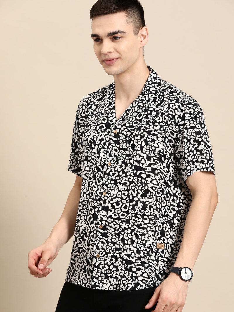 DENNISON Men Black Smart Abstract Printed Cuban Collar Casual Shirt