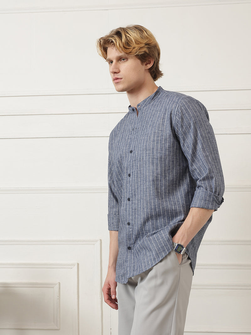 Vertical Striped Mandarin Collar Shirt