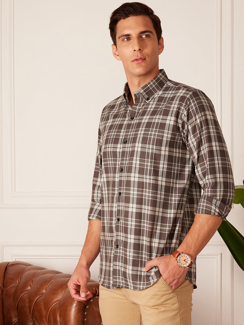 DENNISON Smart Tartan Checked Button-Down Collar Cotton Casual Shirt