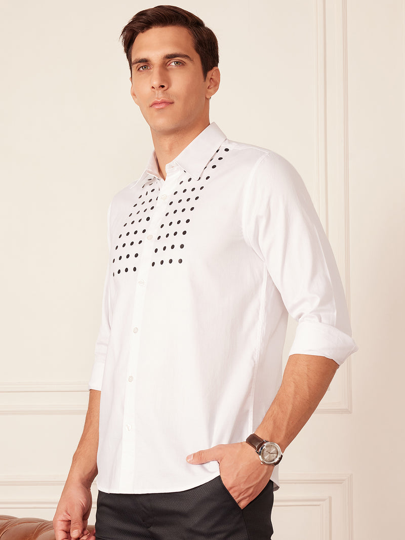 White: Full Sleeves Polka Dot Printed Party Shirt