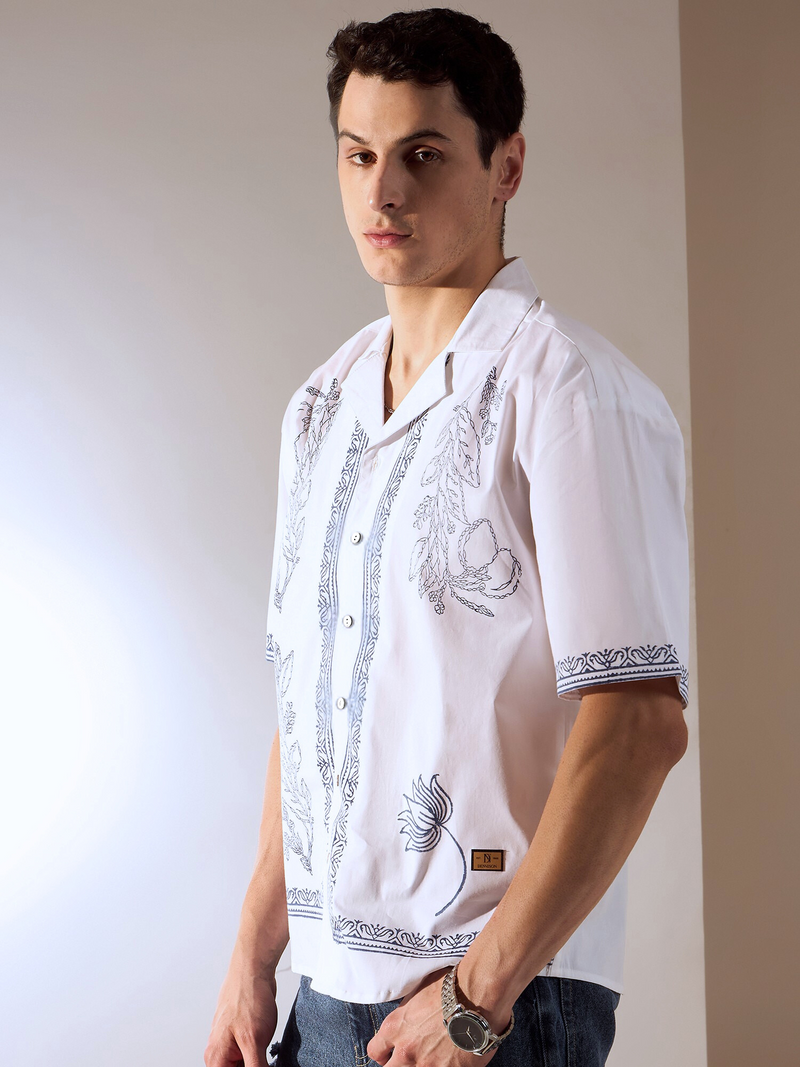 Off White: Half Sleeves Hand Block Oversized Shirt