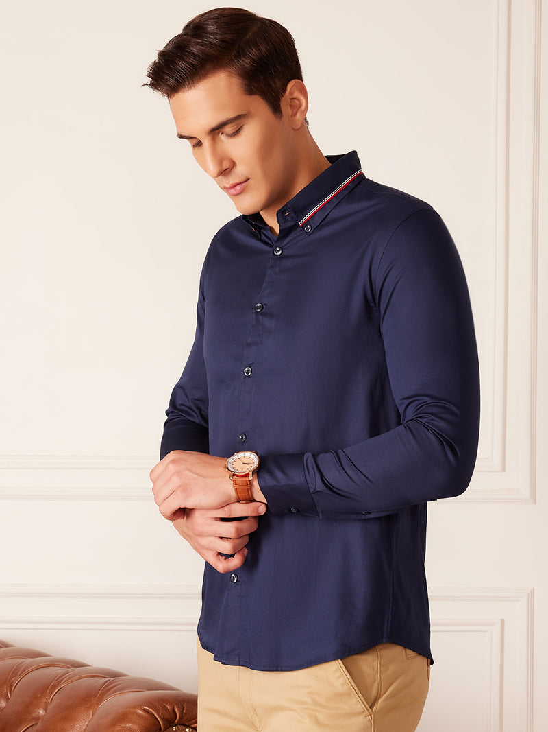 Navy Blue: Full Sleeves Tape On Collar Formal Shirt