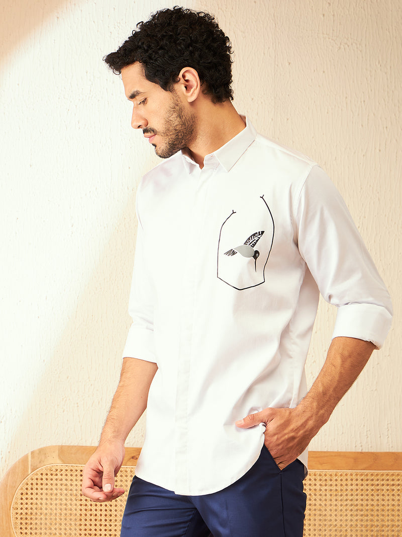 White: Full Sleeves Printed Opaque Party Shirt