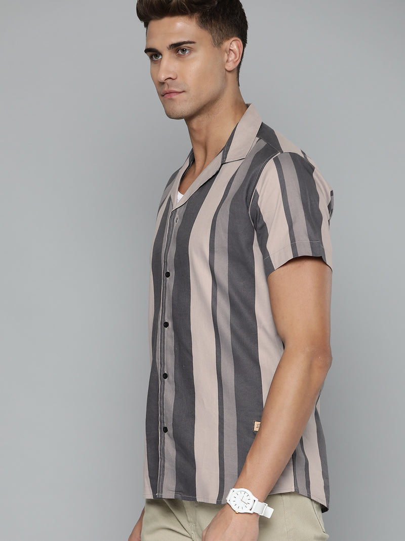 Beige: Full Sleeve Button-Down Collar Striped Shirt