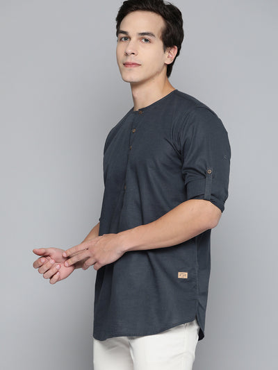 Dennison men's grey solid linen kurta front view