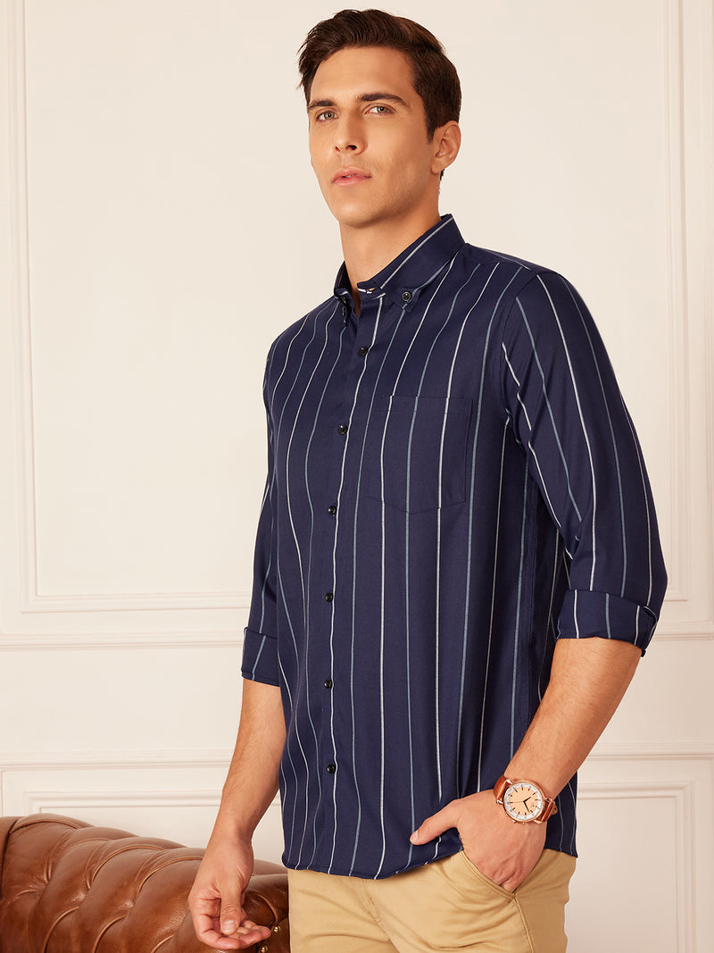 Navy Blue & White: Full Sleeve Button-Down Collar Striped Shirt