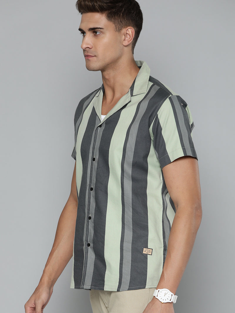 Green: Full Sleeve Button-Down Collar Striped Shirt