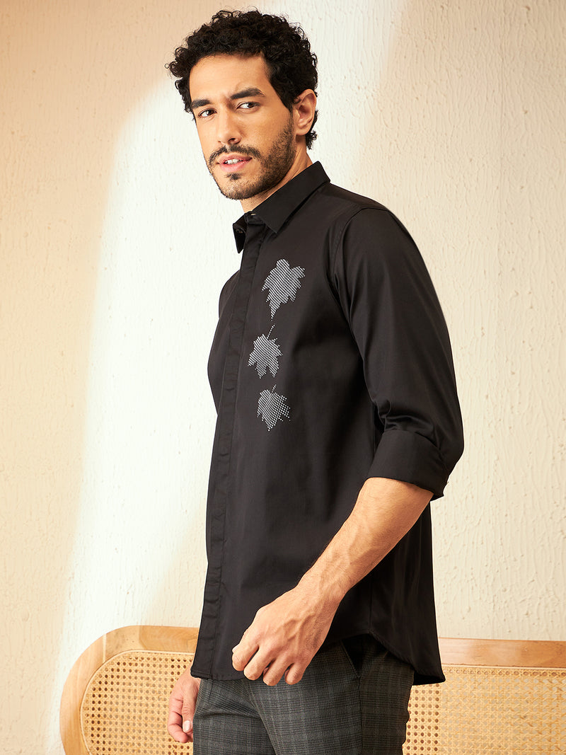 Black: Full Sleeves Floral Party Shirt