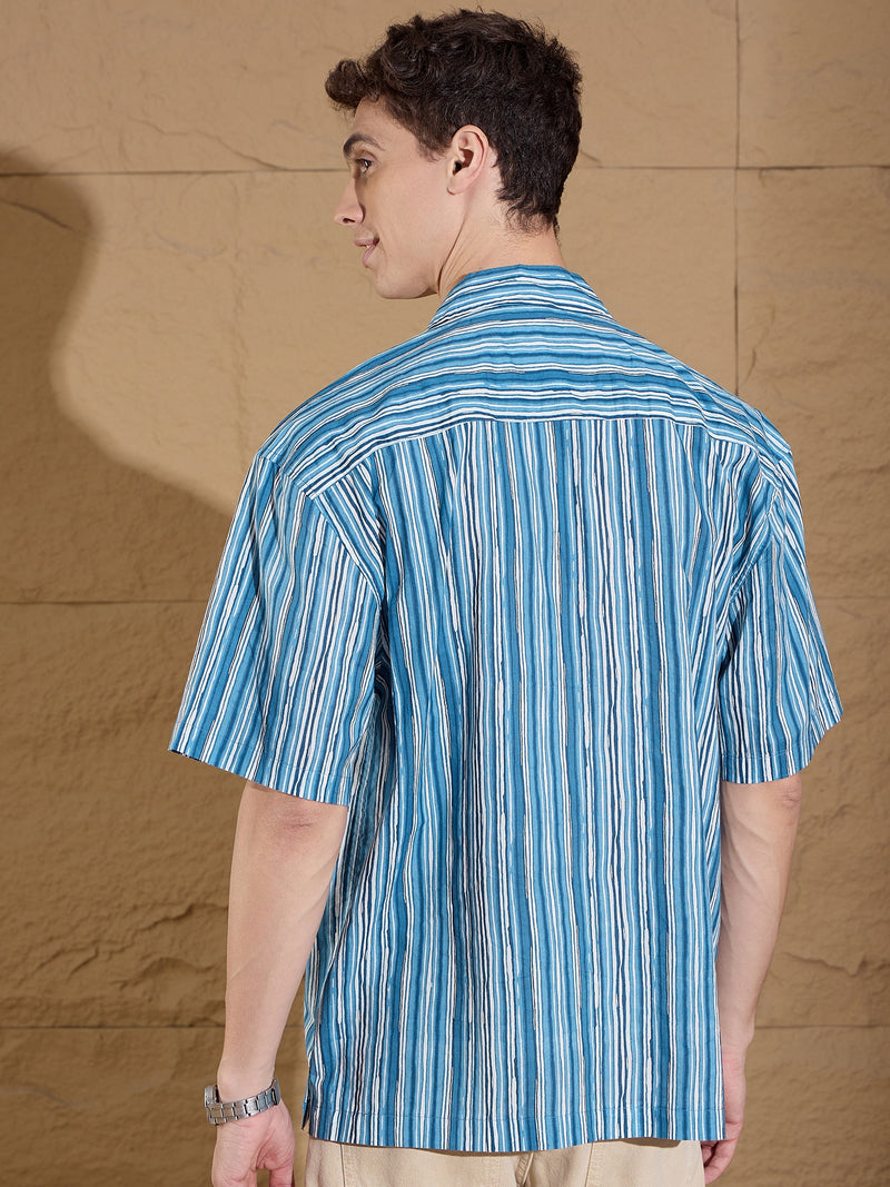 Blue & White: Half Sleeves Oversized Stripes Shirt