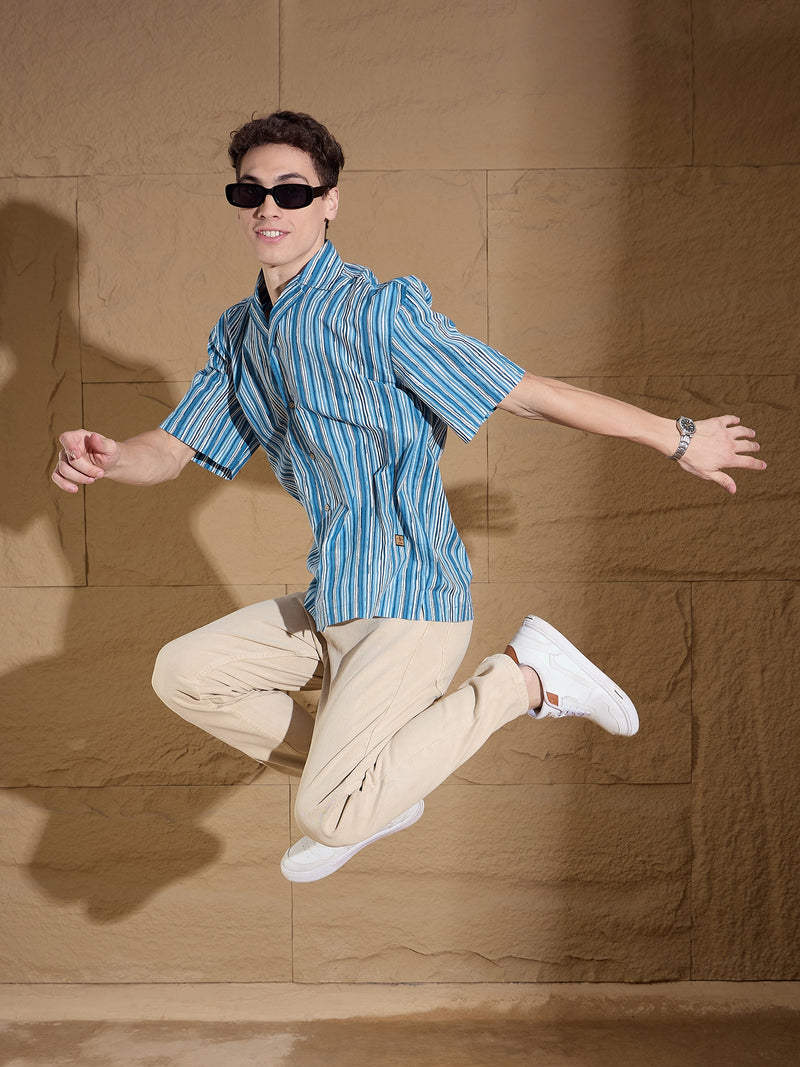 Blue & White: Half Sleeves Oversized Stripes Shirt