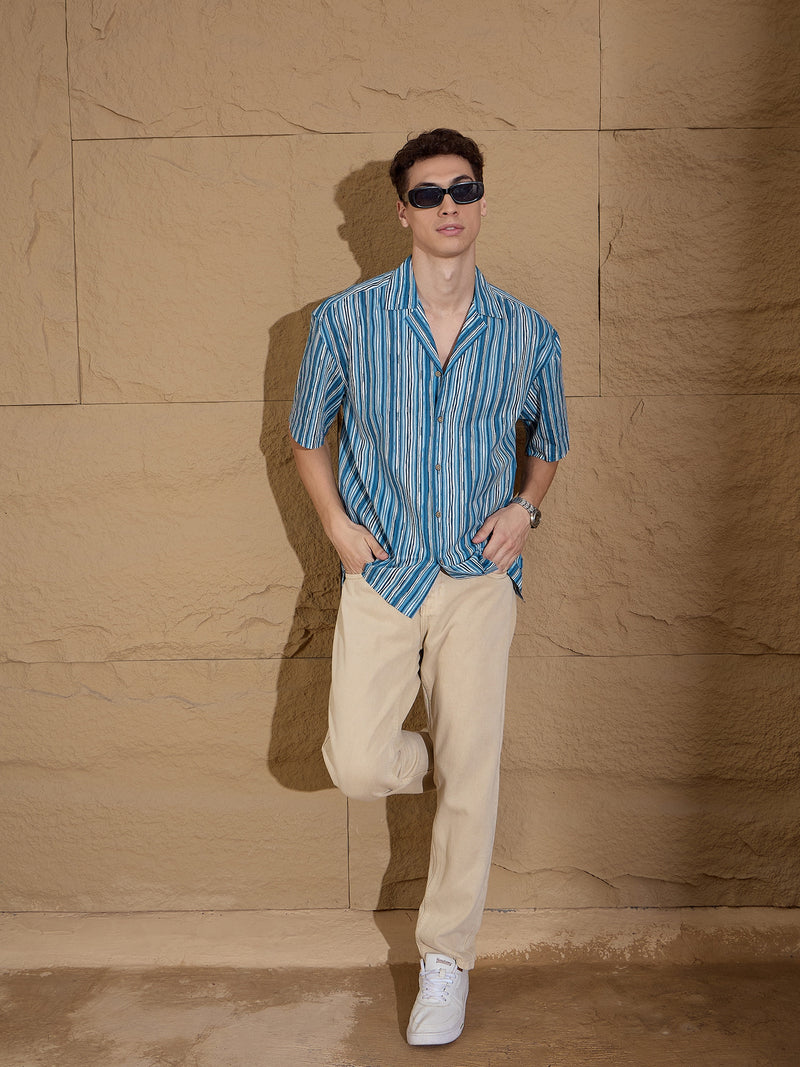 Blue & White: Half Sleeves Oversized Stripes Shirt