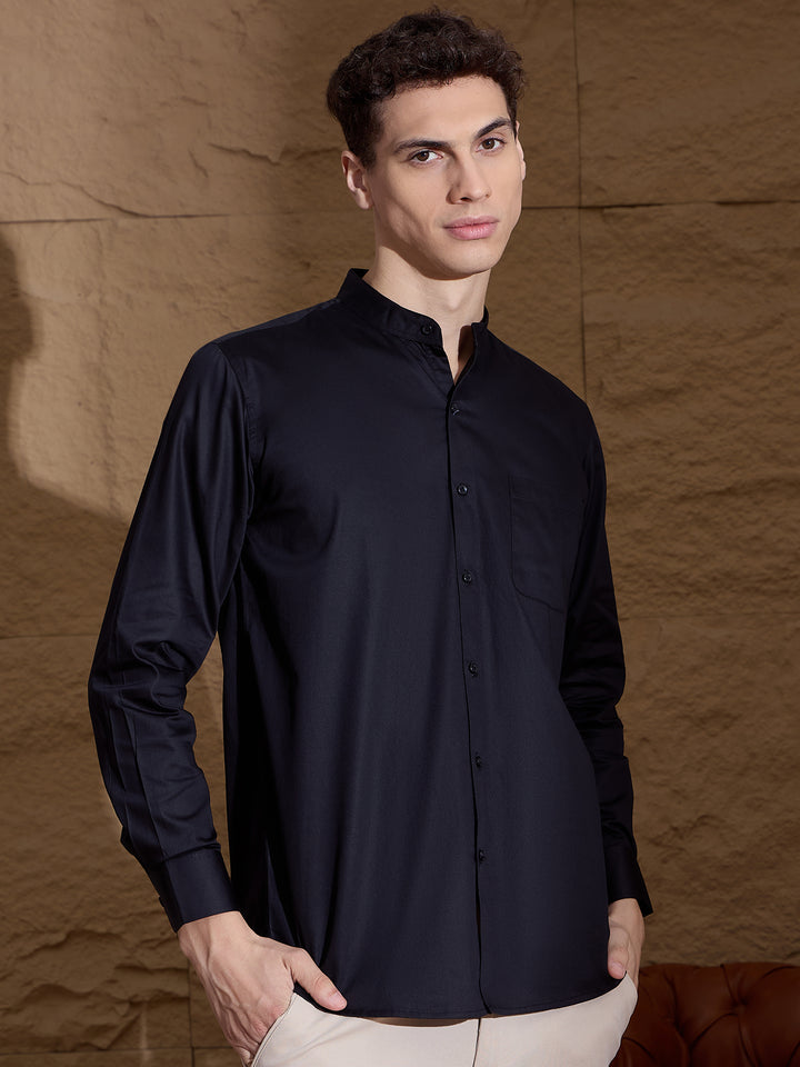 Black Mandarin Collar Cotton Casual Shirt