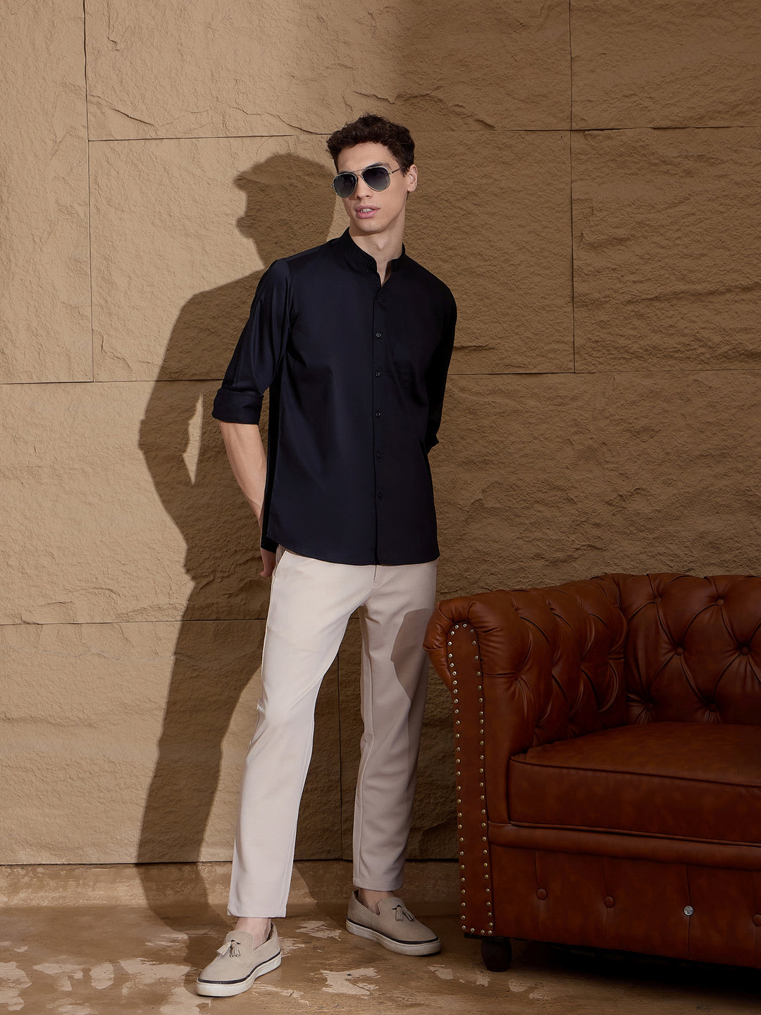 Black Mandarin Collar Cotton Casual Shirt