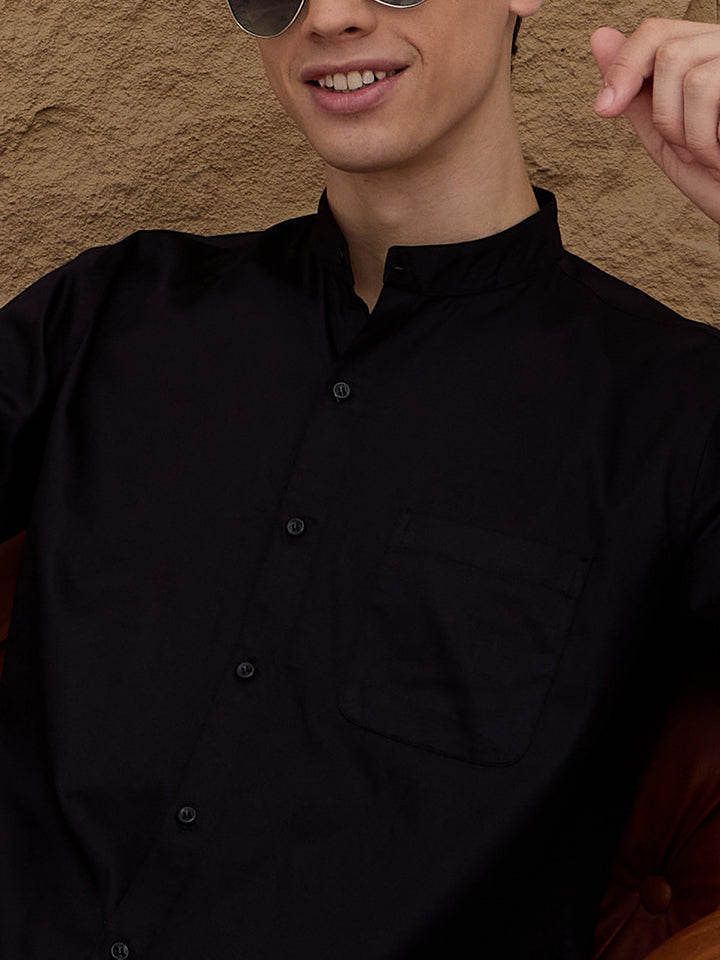 Black Mandarin Collar Cotton Casual Shirt