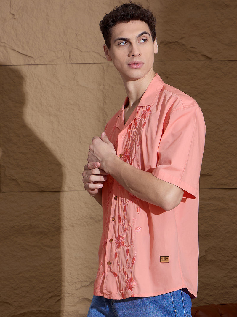 Pink: Half Sleeves Embroidery Oversized Shirt
