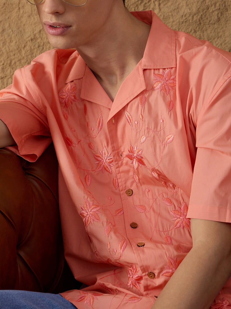 Pink: Half Sleeves Embroidery Oversized Shirt
